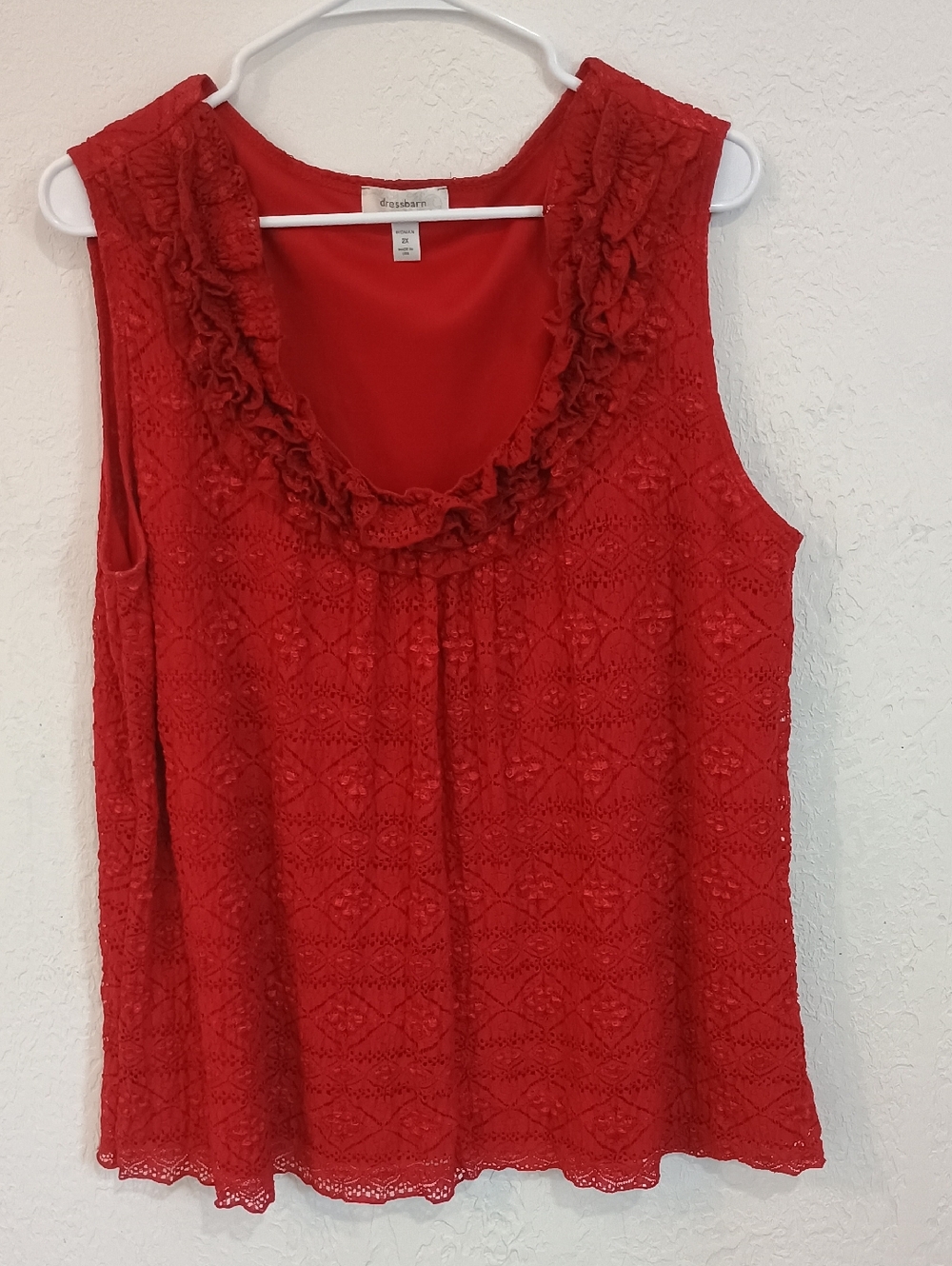 dressbarn Red Lace Ruffle Scoop Neck Shell